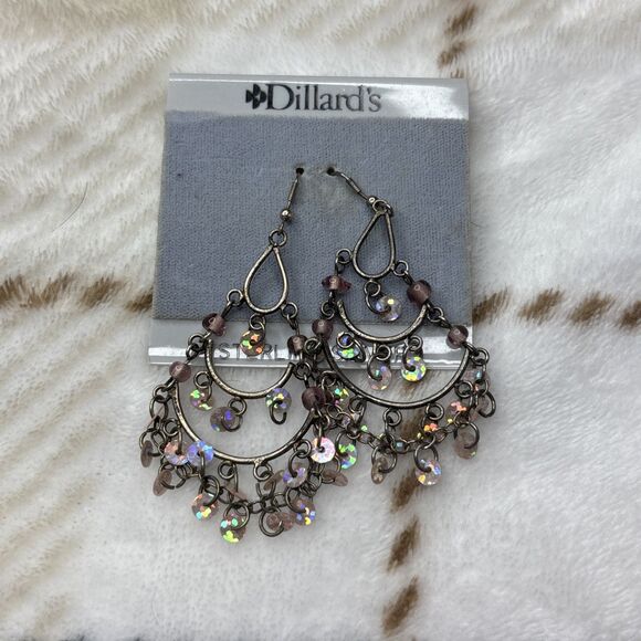 Vintage Dillard’s Chandelier Earrings Bronze Tone with Iridescent Sequin Dangles - Picture 1 of 4